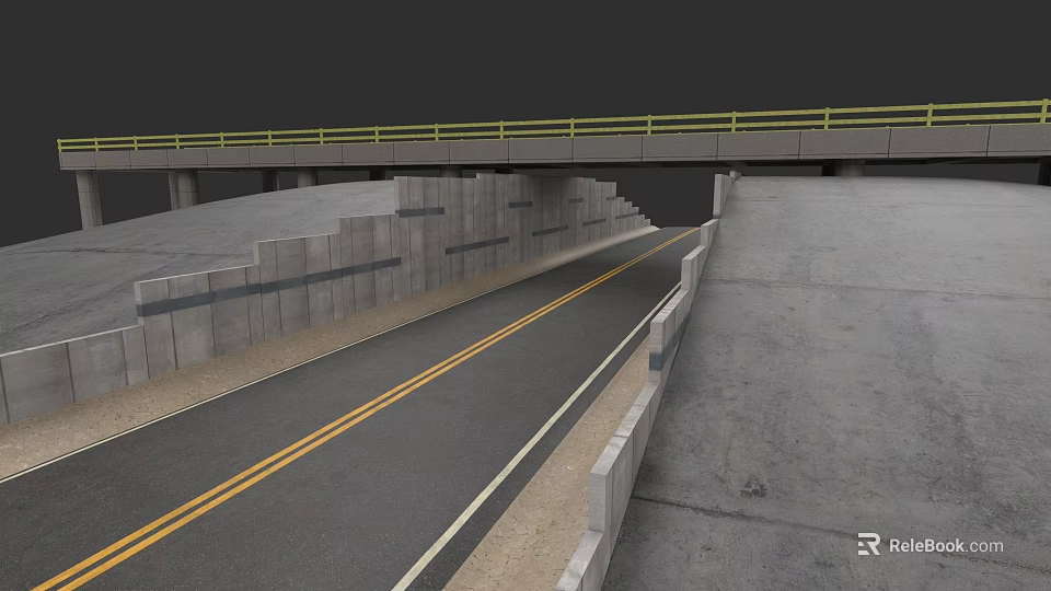 Car Driving On Concrete Road With Bridge Structure And Double Yellow Lines 3d model 