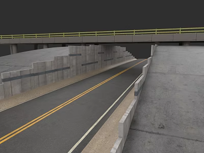 Car Driving On Concrete Road With Bridge Structure And Double Yellow Lines 3d model