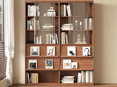 Modern Wooden Bookshelf With Open Shelves Books Photo Frames And Decorative Items 3d model