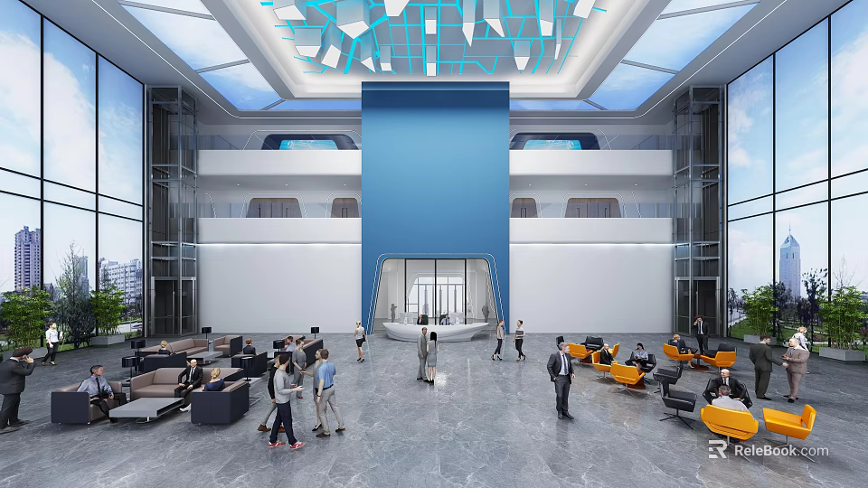 Modern Shopping Mall Lobby With Glass Skylight Blue Central Structure And People Walking 3d model 