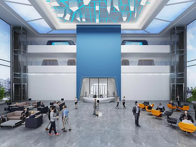 Modern Shopping Mall Lobby With Glass Skylight Blue Central Structure And People Walking 3d model
