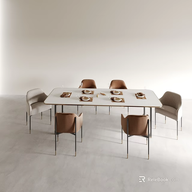 Modern Minimalist Dining Table Set With Light Gray And Brown Chairs And Tableware 3d model