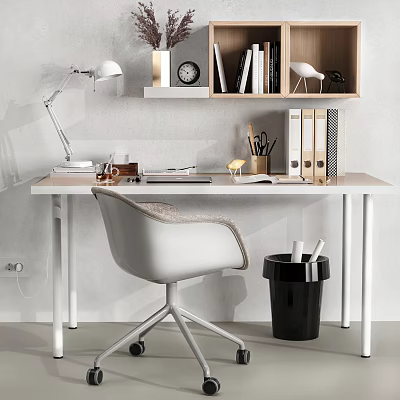 Modern Office Desk With Desk Lamp Clock Books Folders White Chair And Trash Bin 3d model
