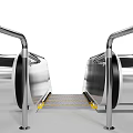 Modern Escalator Featuring Stainless Steel Handrails Safety Steps And Yellow Strips