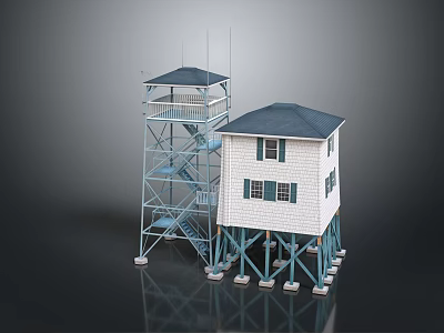 Metal Observation Tower With Spiral Staircase And White House Blue Roof On Stilts 3d model