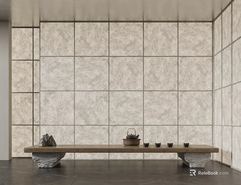 Modern Interior Design Featuring Light Stone Partition Wall With Wooden Bench And Tea Set 3d model