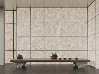 Modern Interior Design Featuring Light Stone Partition Wall With Wooden Bench And Tea Set 3d model