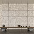 Modern Interior Design Featuring Light Stone Partition Wall With Wooden Bench And Tea Set 3d model