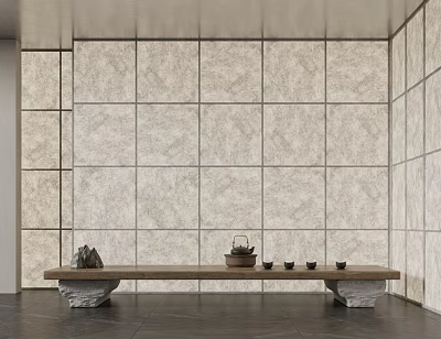 Modern Interior Design Featuring Light Stone Partition Wall With Wooden Bench And Tea Set 3d model