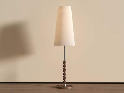 Modern Floor Lamp With Beige Conical Fabric Lampshade And Wooden Beaded Pole Design 3d model