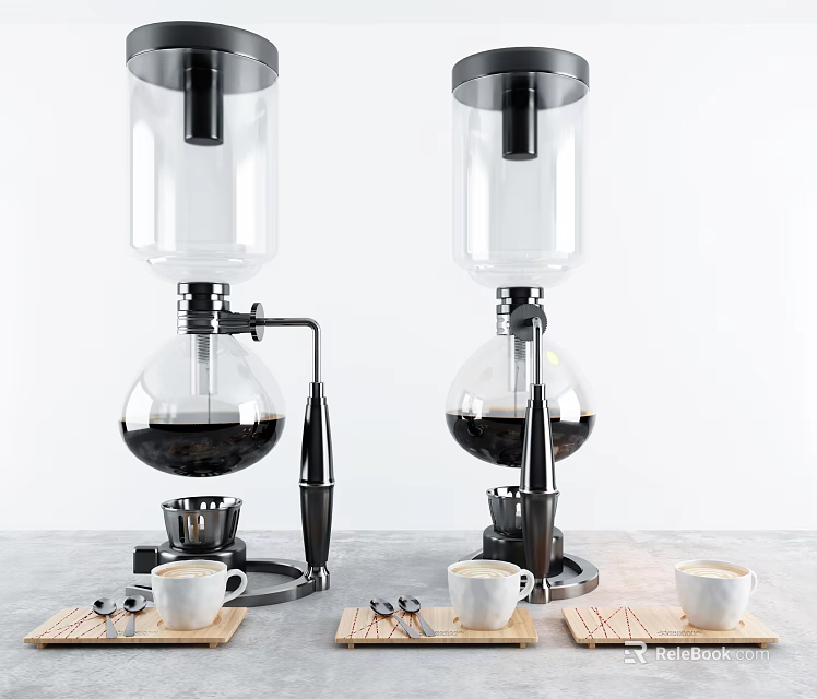 Cafe With Dual Siphon Coffee Makers Coffee Cups And Coasters On Gray Countertop 3d model 