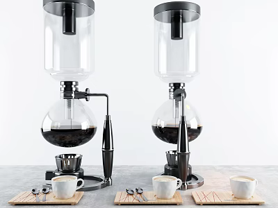 Cafe With Dual Siphon Coffee Makers Coffee Cups And Coasters On Gray Countertop 3d model
