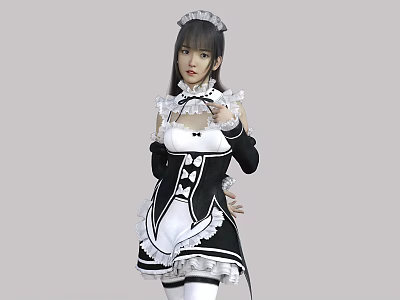 A Woman In Elegant Black And White Maid Costume With Lace Trim And Bow Details 3d model