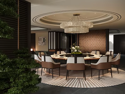 Elegant Restaurant Interior Design With Round Dining Table Crystal Chandelier And Brick Wall 3d model