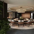 Elegant Restaurant Interior Design With Round Dining Table Crystal Chandelier And Brick Wall