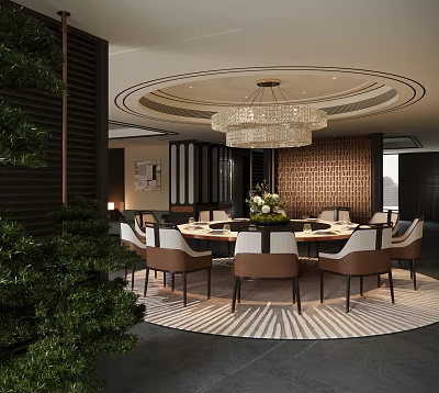 Elegant Restaurant Interior Design With Round Dining Table Crystal Chandelier And Brick Wall 3d model