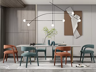 Modern Dining Table and Chair Combination Home Chandelier Plant Ornaments 3d model