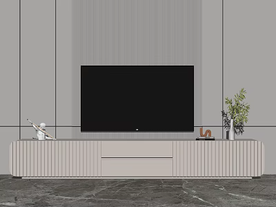 Modern TV Stand with Flat Screen TV Decorative Items and Green Plant on Marble Floor Against Textured Grey Wall 3d model