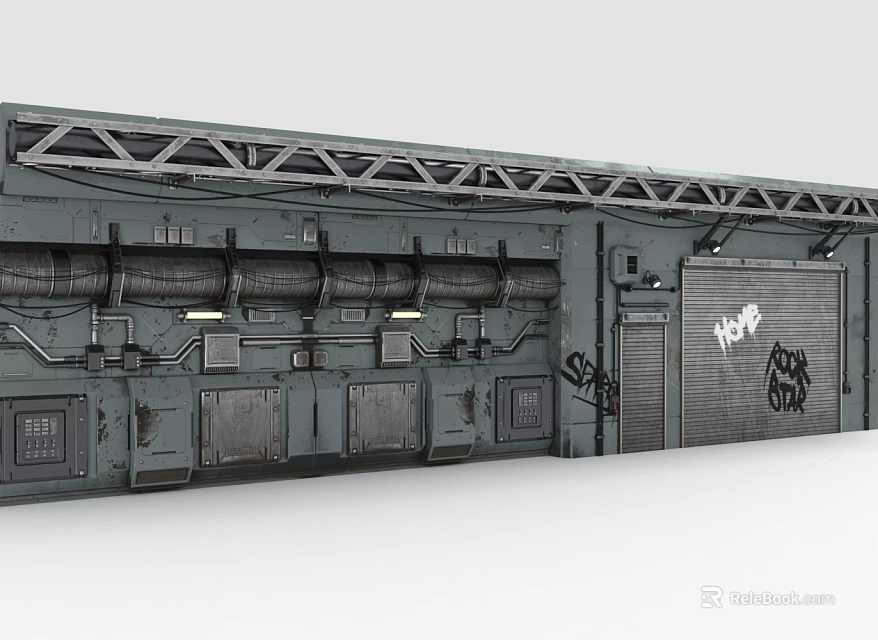 Industrial Style Building Exterior With Metal Structure Pipes Roller Door And Graffiti 3d model 
