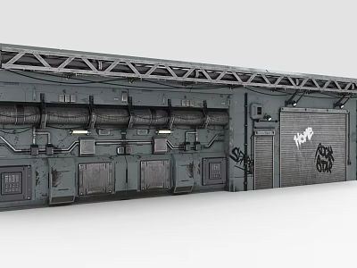 Industrial Style Building Exterior With Metal Structure Pipes Roller Door And Graffiti 3d model