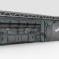 Industrial Style Building Exterior With Metal Structure Pipes Roller Door And Graffiti