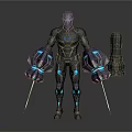 Armored Robot Character With Blue Glowing Accents And Swords Near Creature