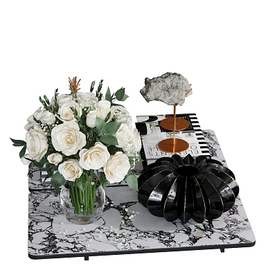 Decorative Ornament Set With White Roses Glass Vase Crystal Stone Gold Stand And Black Decor 3d model