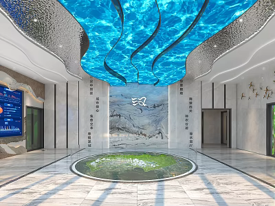 Luxurious Modern Lobby Interior With Blue Wavy Ceiling Circular Water Feature And Marble Walls 3d model