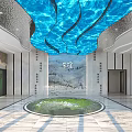 Luxurious Modern Lobby Interior With Blue Wavy Ceiling Circular Water Feature And Marble Walls