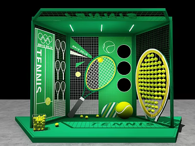 Tennis Themed Green Photo Spot With Rackets Balls Net And Olympic Decorations 3d model