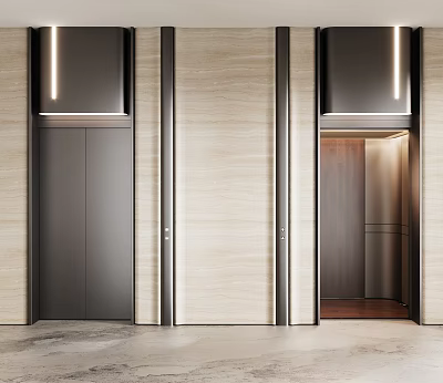 Contemporary Elevator Lobby Design With Open Door Dark Panels And Ceiling Lighting 3d model