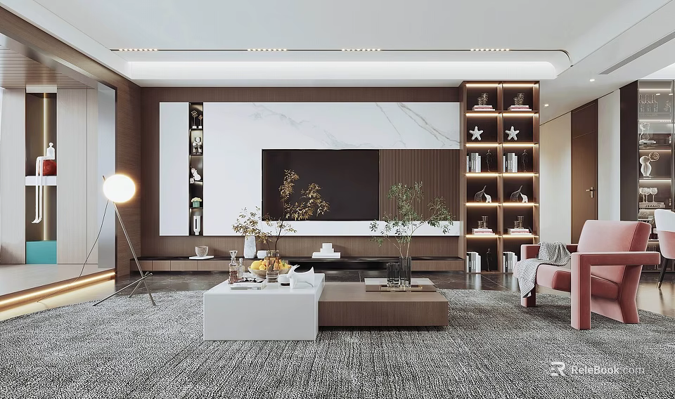 Modern Living Room With Marble Accent Wall TV Bookshelves Area Rug Sofa And Floor Lamp 3d model 