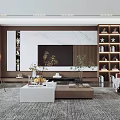 Modern Living Room With Marble Accent Wall TV Bookshelves Area Rug Sofa And Floor Lamp