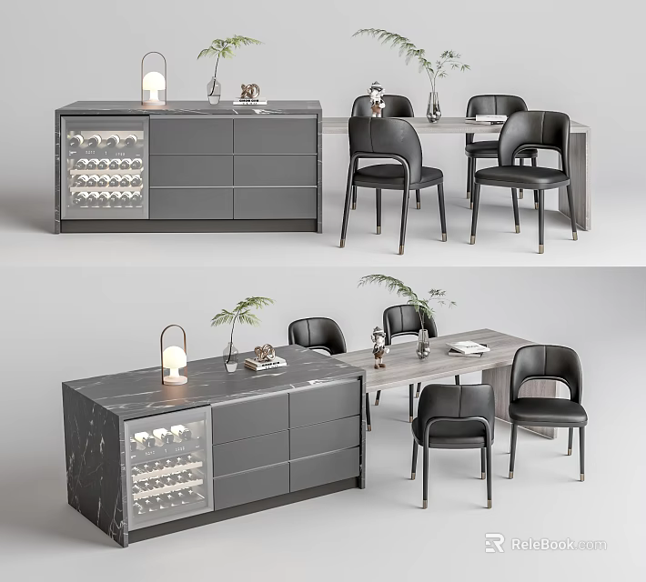 Modern Dining Table Set with Chairs Side Cabinet Wine Rack and Decorative Elements 3d model 