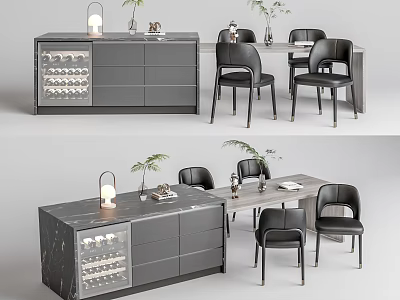 Modern Dining Table Set with Chairs Side Cabinet Wine Rack and Decorative Elements 3d model