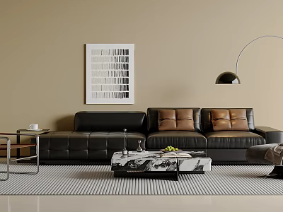 Modern Living Room Black Leather Sofa And Marble Coffee Table Set With Brown Cushions 3d model