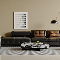 Modern Living Room Black Leather Sofa And Marble Coffee Table Set With Brown Cushions