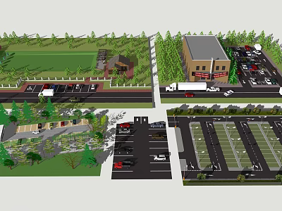 Urban Commercial Landscape Design With Building Parking Lot Road Trees And Vehicles 3d model