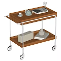 Modern Two Tier Wooden Serving Cart With Metal Frame Wheels Teapot And Books