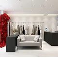 Clothing Store Interior with Hanging Clothes Display Counter Bags and Flower Bouquet Mirror Bright Design