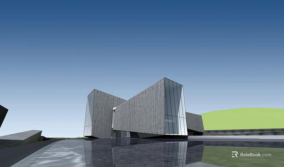 Modern Geometric Sales Office Building With Glass Facade Reflective Water Surface And Green Lawn 3d model 