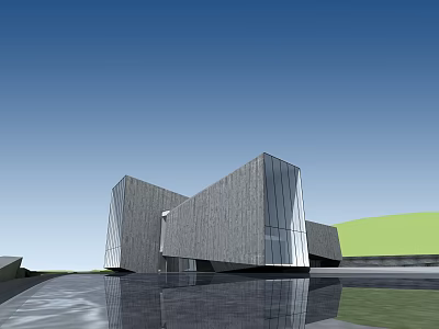 Modern Geometric Sales Office Building With Glass Facade Reflective Water Surface And Green Lawn 3d model