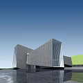 Modern Geometric Sales Office Building With Glass Facade Reflective Water Surface And Green Lawn