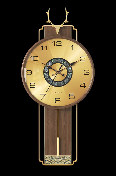 Classic Golden Dial Wall Clock with Decorative Center and Wooden Pendulum 3d model