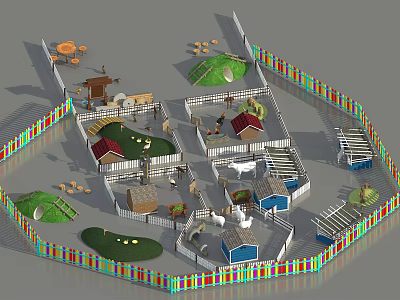 Colorful Fenced Park Landscape With Animal Enclosures Play Structures And Lawn Areas 3d model
