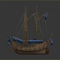 Ancient Wooden Sailing Ships Model Display With Masts Blue Flags And Wooden Hulls