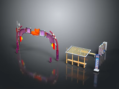Wooden Outdoor Dining Table With Canopy And Decorative Purple Orange Arches Design 3d model