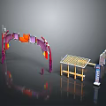 Wooden Outdoor Dining Table With Canopy And Decorative Purple Orange Arches Design