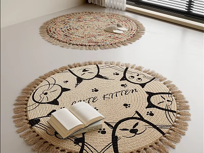 Round Rug With Cat Pattern LOVE KITTEN Lettering Fringed Edges In Bright Room 3d model