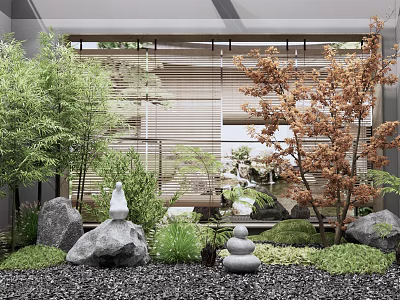 Tranquil Indoor Landscape With Bamboo Blinds Lush Green Plants Orange Tree Rocks And Stacked Stones 3d model